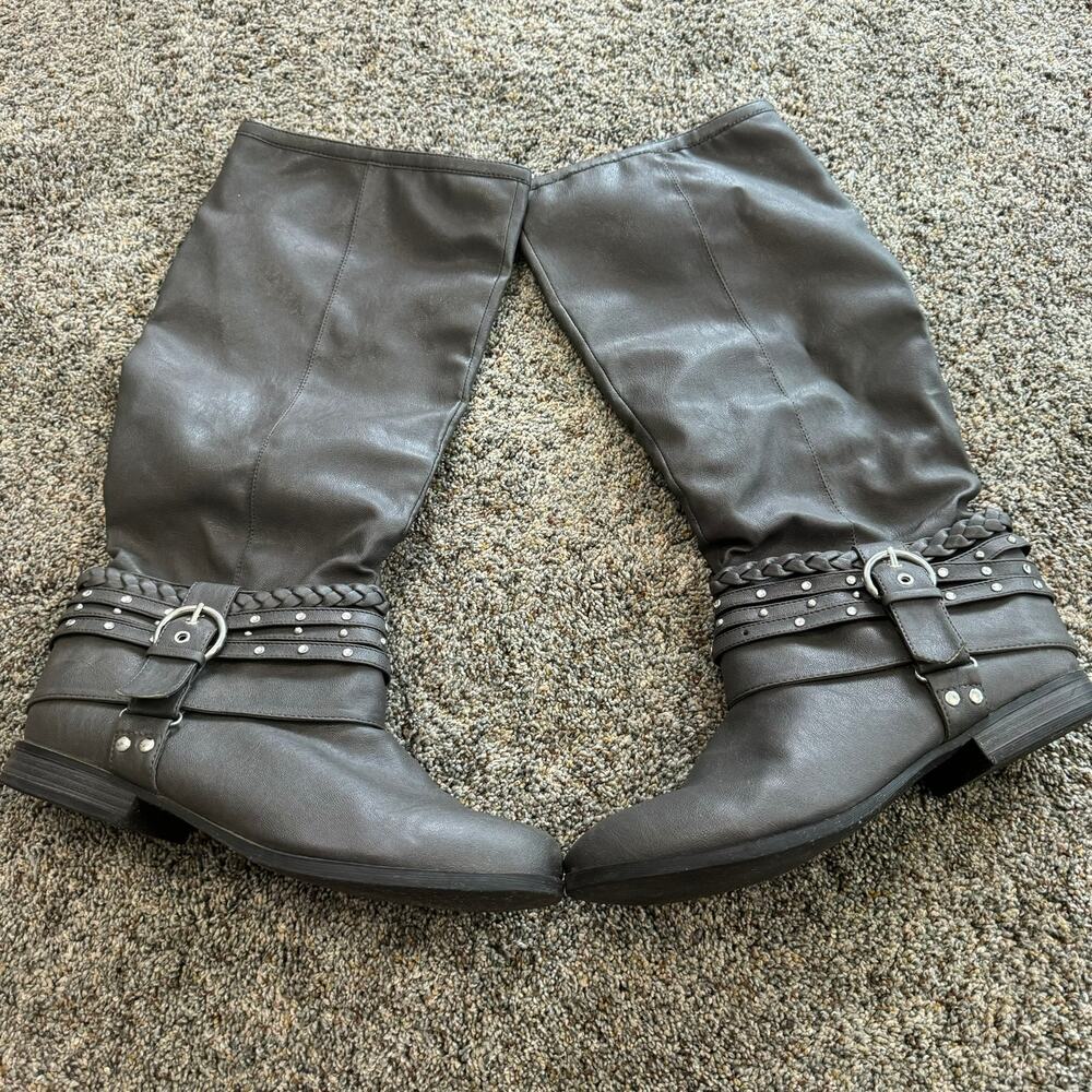 Vanity Tall Gray Boots Inner Zipper Size 10 Strappy Details w/ Rhinestones